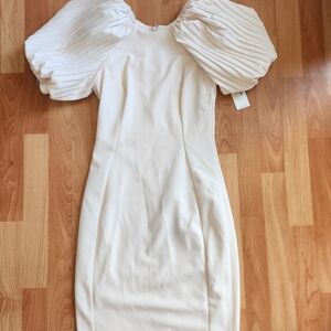 Calvin Klein Cream Midi Dress with Pleated Puff Sleeves